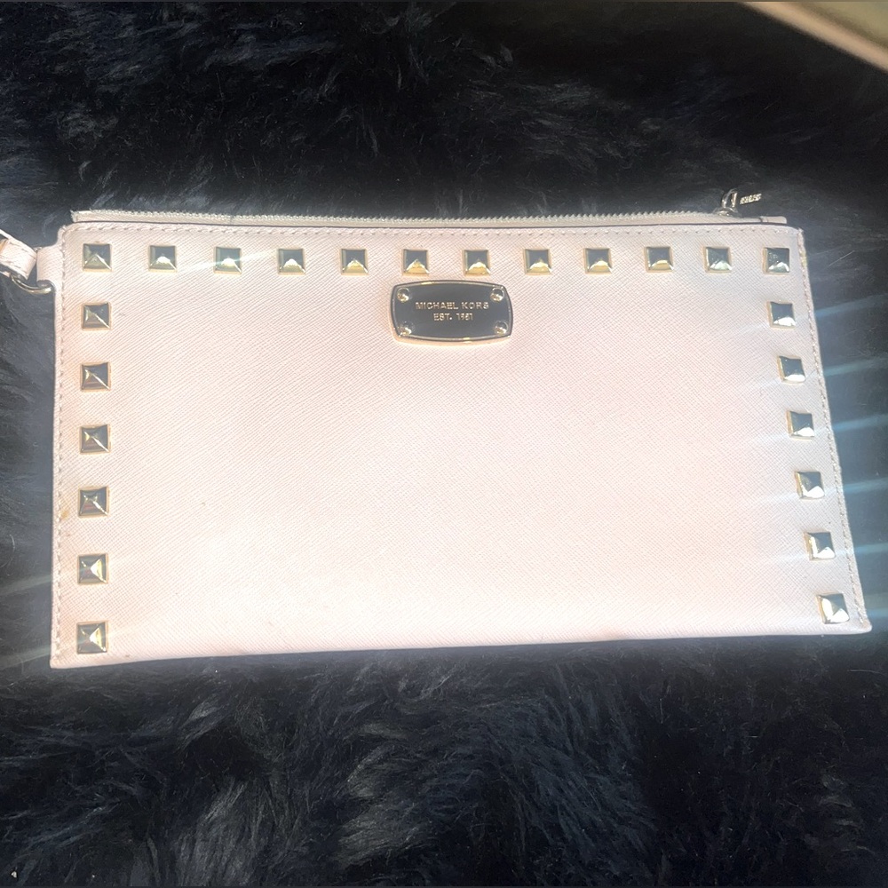 Baby pink wristlet clutch w rose gold hardware